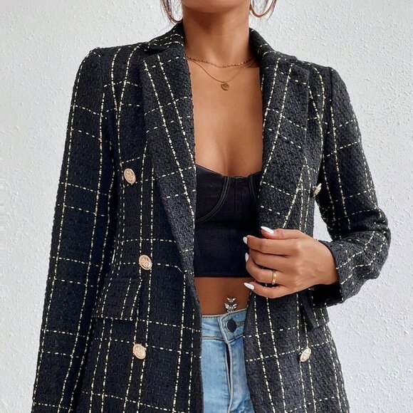 Black Elegant Women's Plaid Double Breasted Tweed Blazer - Picture 3 of 7